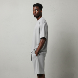 Camiseta de cuello redondo y corte holgado, 100% algodón grueso de 210 g/m², ecológica, de secado rápido, con logo impreso en DTF personalizado y conjunto de 2 piezas de pantalones cortos para hombre. - Product Image 4