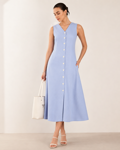 Robe midi sans manches à col en V pour femmes |   Robes d'été décontractées en lin et coton bleu clair, à boutons sur le devant et ourlet évasé - Product Image 6