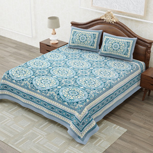 Juego de Sábanas de Algodón King Size con Diseño Floral Mandala Azul Agua, Hechas a Mano con Estampado de Bloques, con Fundas de Almohada - Product Image 2