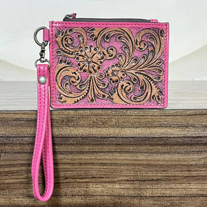 Handmade Genuine Tooled Pink Leather Cute Floral Design Wristlet Wallet Stylish Coin & <b>Credit</b> <b>Card</b> <b>Holder</b> Everyday Multi Use - Product Image 3