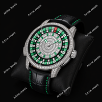 Montre de luxe pour homme Green Roulette Diamond avec bracelet en cuir, cadran en cristal serti de diamants, accessoire de mode et de joaillerie