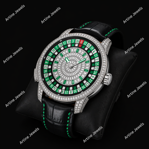 Montre de luxe pour homme Green Roulette Diamond avec bracelet en cuir, cadran en cristal serti de diamants, accessoire de mode et de joaillerie - Product Image 2