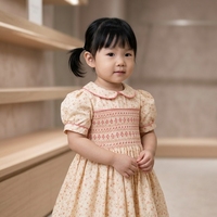 Adorable Robe d'Été en Coton à Manches Bouffantes, Style Traditionnel, Broderie Smockée, Motifs Géométriques Tendance, Prix Usine, pour Filles (ODM/OEM)