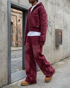 Ensemble jogging et sweat à capuche zippé court pour homme, tendance, en coton épais délavé à l'acide, style streetwear oversize - Product Image 5