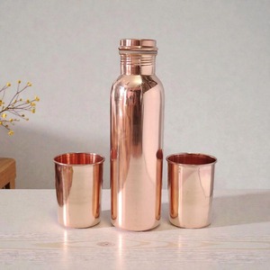 Copper Diamond Textured Water Bottle with Two <b>Cups</b> Portable <b>Travel</b> Drinkware Set Minimalist Design Home Use - Product Image 1