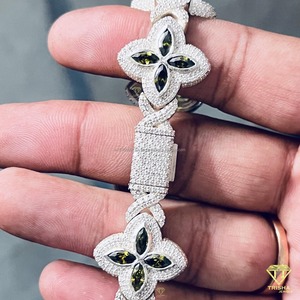 Luxury Floral Lab Grown Diamond <b>Bracelet</b> With Green Marquise Cut Stones And Fully Iced Out Pave Design - Product Image 3