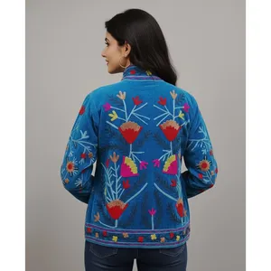 Chaqueta Étnica Azul de Algodón para Mujer con Bordado Floral a Mano, Estilo Bohemio, Abrigo de Moda - Product Image 3