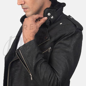 Chaqueta de cuero negra para hombre, estilo motero, de piel de oveja auténtica, con cremallera asimétrica y cuello de piel sintética extraíble. - Product Image 6