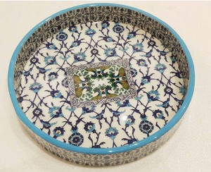 Round Ceramic Decorative Tray With Blue Floral Pattern And Central Square Design Traditional Style - Product Image 1