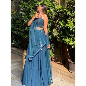 Sweet Teal Blue Georgette <b>Party</b> Wear Lehenga Choli Set with Dupatta - Product Image 4