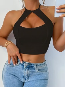 Seamless Ribbed Keyhole Halter <b>Crop</b> <b>Top</b> Front Cutout Back Tie Fitness Sports Bra High Elasticity Workout Activewear - Product Image 1