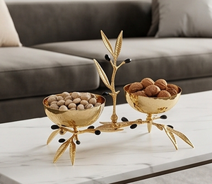 Bol décoratif en forme de branche d'olivier dorée, centre de table en métal fait main, style moderne, décoration de table de mariage - Product Image 5
