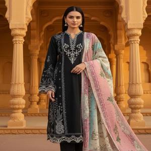 VASTRA COTTAGE Kurti de Algodón con Lentejuelas Bordadas, Top y Pantalón a Juego, Dupatta a Juego, Ropa Étnica Festiva Cómoda - Product Image 1