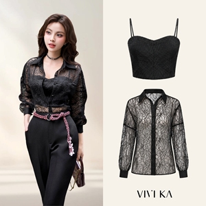Camisa de encaje transparente negra para mujer, blusa de manga larga con botones y top de sujetador a juego, ropa informal CHERISH - Product Image 1