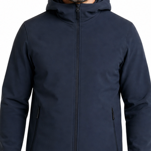 Veste softshell pour homme bleu marine avec logo personnalisé, design minimaliste uni, imperméable, coupe-vent, à capuche, fermeture éclair intégrale, couleur unie - Product Image 2