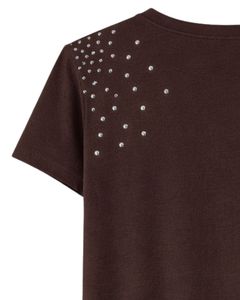 Camiseta de Algodón para Mujer, Color Marrón Oscuro, con Pedrería, Estilo Casual, Manga Corta, Verano, Moda, Logotipo Personalizado, Fabricante OEM, Venta al Por Mayor - Product Image 5