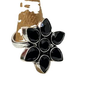Anillos Clásicos de Piedras Preciosas con Forma de Flor y Racimo de Ónix Negro, Chapados en Plata 925 sobre Latón, Unisex, Regalo Glamuroso para Fiestas y Aniversarios - Product Image 5