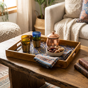 Wood Serving Tray Handmade Wholesale Custom OEM ODM Blue Gold Ogee Enamel Coating <b>Platter</b> DECORYUG - Product Image 2