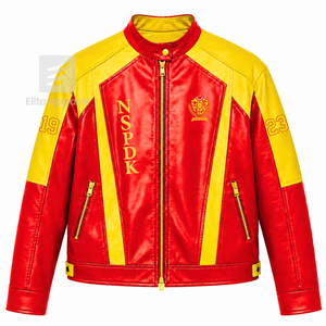 เสื้อแจ็คเก็ตหนัง NSPDK แบบสั่งทำพิเศษ สีแดงและสีทอง ปักโลโก้ สไตล์ลำลองสำหรับผู้หญิง บุด้วยโพลีเอสเตอร์ - Product Image 1