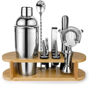 Juego de herramientas de barman de acero inoxidable plateado con soporte de madera para fiestas, juego completo de herramientas para barra de cócteles - Product Image 1