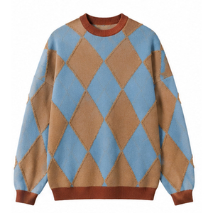 2026 Men's Blue <b>Brown</b> Argyle Knitted Sweater Pullover Regular Sleeve Autumn Wear 100% Acrylic Spliced Design - Product Image 1