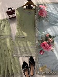 <b>Green</b> Embroidered Kurta Sharara Set With Floral Dupatta Ethnic Salwar Kameez for Wedding Party Women - Product Image 4