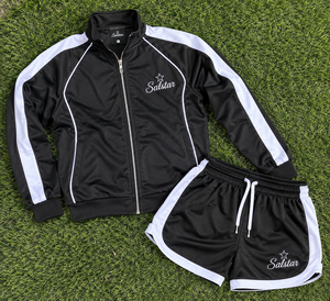 <b>Women</b>’s Black 2 Piece Tracksuit Set Custom Sportswear <b>Jacket</b> & Shorts Set Ladies Casual Athletic Tracksuit with White Stripes - Product Image 6