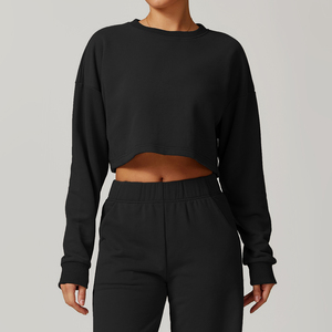 Sweat-shirt court noir à col rond pour femme, manches longues, tricoté, couleur unie, coupe oversize, idéal pour l'automne, 100 % coton - Product Image 1