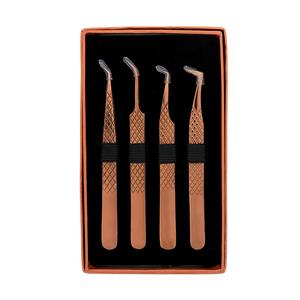 Lot de 4 pinces à épiler cosmétiques or rose, outils de beauté pour cils, professionnels de salon, pinces à volume russes courbées à pointe en fibre - Product Image 1