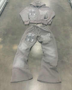 Conjuntos apilados vintage con logotipo personalizado, chándales para hombre, pantalones acampanados de dos piezas y sudaderas con capucha, chándales de invierno con patrón sólido - Product Image 4