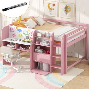 Letto a soppalco basso bianco e rosa a grandezza naturale con scrivania integrata, armadietti contenitori, libreria aperta e lavagna per graffiti - per camerette dei bambini (ETA 7/8) - Product Image 1