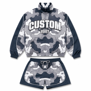 Custom Men's <b>Camo</b> Nylon Windbreaker <b>Jacket</b> Shorts Set Full Zip Lightweight Summer Streetwear Two Piece Tracksuit OEM Apparel - Product Image 1
