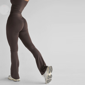 Mid Waisted <b>Flared</b> Leg Yoga <b>Leggings</b> Solid Color Seamless Stretch Knit Full Length Casual Windproof Belt Sport Wear - Product Image 5