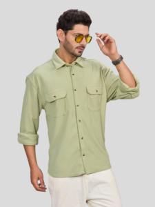 Chemise décontractée pour homme, vert clair, 100% polyester, bouton unique, deux poches, col rabattu, manches longues, séchage rapide, respirante, imprimée - Product Image 5