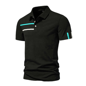Polo à manches courtes noir pour homme avec rayures rouges et blanches, tricoté, respirant, design décontracté - Product Image 4