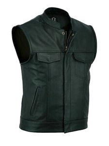 <b>Men's</b> <b>Black</b> Genuine Leather Moto <b>Vest</b> Stand Collar Zipper Closure Solid Color Regular Length Outerwear - Product Image 3