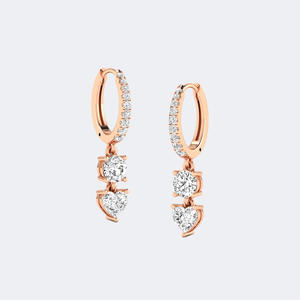 Pendientes de Diamantes Cultivados en Laboratorio Vintage de 1.40 CTW, Diseño Colgante Lineal de Dos Piedras con Engaste Redondo/Corazón/Pavé, Tipo Huggie - Product Image 2