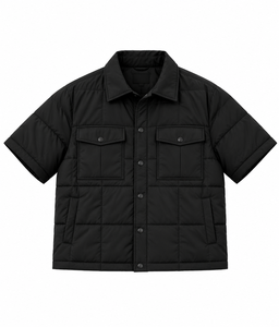 Men's Black Short Sleeve <b>Puffer</b> <b>Jacket</b> Boxy <b>Crop</b> Fit Turn-down Collar Chest Pockets Front Windproof Casual Autumn Wear - Product Image 5