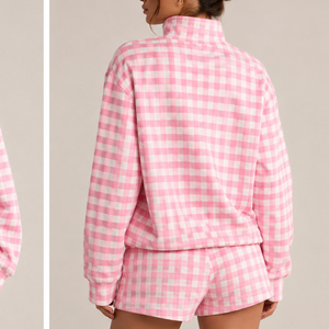 Darling Pink Checkered Turtleneck Sweatshirt Women's Casual Full Sleeve Knitted Plaid <b>Top</b> With Letter Print Front <b>Mock</b> <b>Neck</b> - Product Image 2