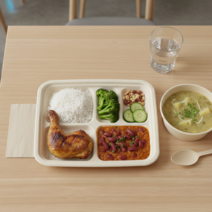 Platos desechables de bagazo de caña de azúcar de varias secciones, hechos con residuos de caña de azúcar para eventos de degustación y pruebas de alimentos. - Product Image 6