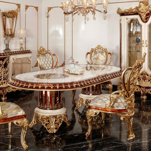 Ensemble de table à manger de style royal classique haut de gamme en bois d'acajou avec sculpture en feuille d'or et plateau brillant, 6 places, pour salle à manger de villa - Product Image 1