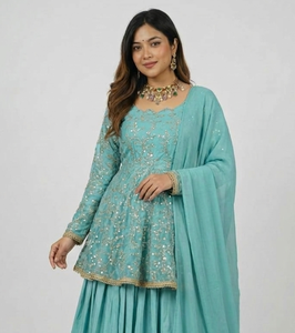 Faux Georgette Sea <b>Green</b> Sharara Suit Set Heavy Sequins Embroidered Peplum Kurti with Lehenga Skirt Traditional Indian Wedding - Product Image 1
