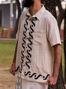 Handmade Men Of-White Cotton Khadi <b>Shirt</b> with Black Hand-Block Print Geometric Waves Summer Casual <b>Button</b>-Down <b>Half</b>-Sleeve Top - Product Image 1