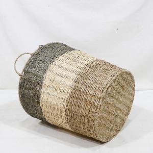 Handwoven Seagrass Mix Paper Rope Laundry Basket 3-Tone Color <b>Storage</b> <b>Hamper</b> with Handles - Product Image 2
