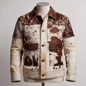 Handmade Cowhide Hair-On Leather <b>Jacket</b> | Waterproof Breathable Zipper Closure Black <b>White</b> Beige Western Coat for <b>Men</b> - Product Image 1
