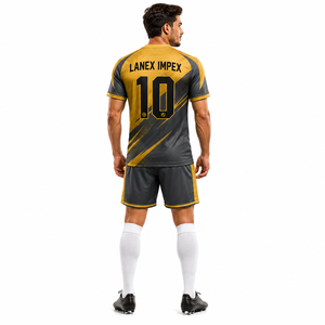 Ensemble de maillots de football personnalisés par sublimation pour hommes, uniforme de football à manches courtes, maillot et short d'équipe, noir et or, respirant, séchage rapide - Product Image 5