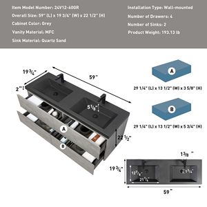 Mobile bagno moderno sospeso da 60 pollici con doppio lavabo in quarzo nero e mobiletto contenitore a parete - Product Image 2