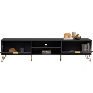 Slim 1.8M <b>Black</b> TV <b>Console</b> with Gold Metal Base for Modern Apartments Mid-Century Wood Media Bench TV Cabinet - Product Image 4