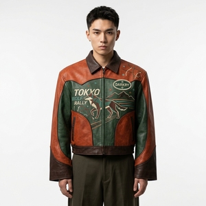 Blouson aviateur en cuir marron pour homme avec design patchwork coloré, col rabattable, fermeture éclair, style décontracté automne - Product Image 1
