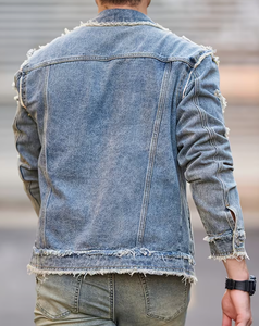 Hardihood International Veste en jean déchirée pour homme, bleu, effet délavé, patchwork, style streetwear décontracté, fermeture boutonnée, coupe classique - Product Image 6